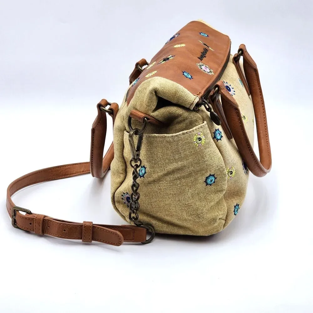 Desigual Mandalas Embroidered Julietta Loverty Canvas Satchel Bag Tan Brown HTF